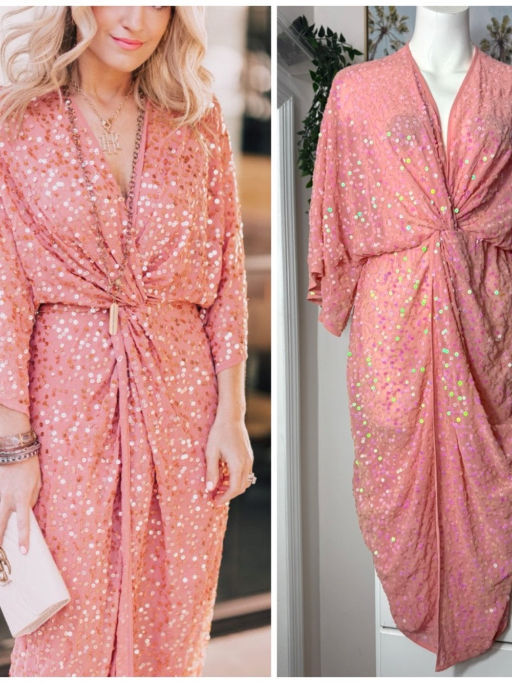 ASOS Pink Sequin Kimono Midi Dress Knot Front Sheer Cover Up Size 8 Medium